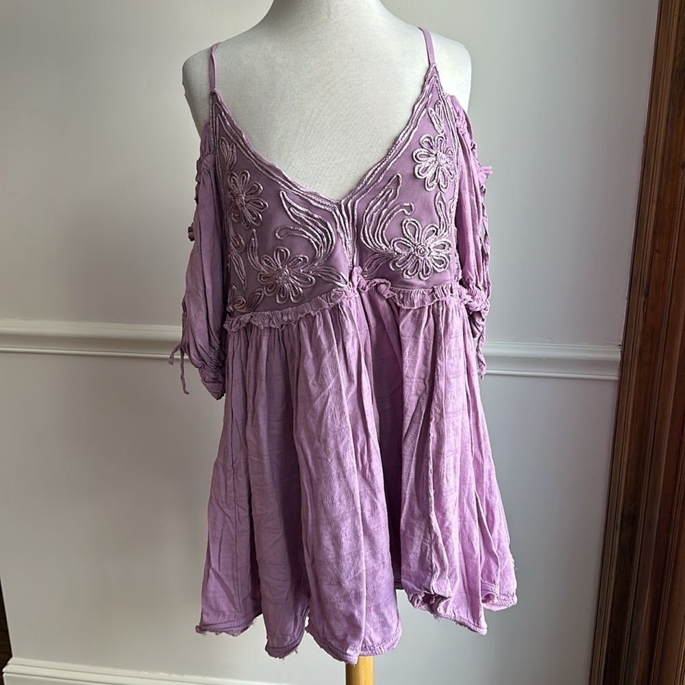 Free People Bali Badlands purple baby doll Off shoulder Mini Dress Medium EUC - Picture 5 of 11